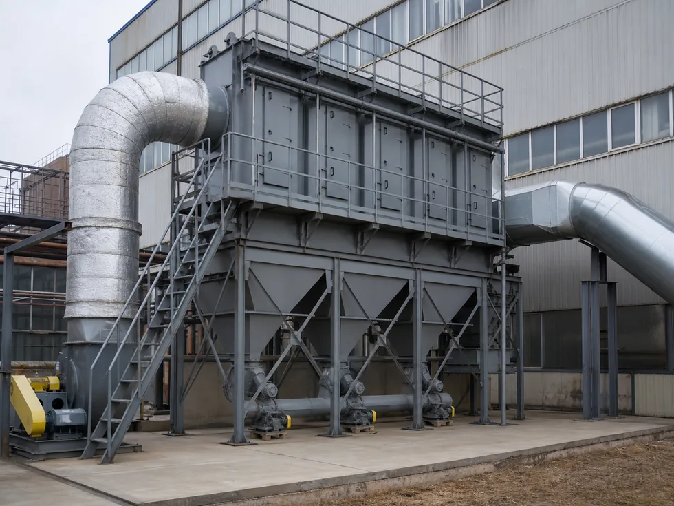 Газоочистная установка с рукавным фильтром и системой воздуховодов на производстве